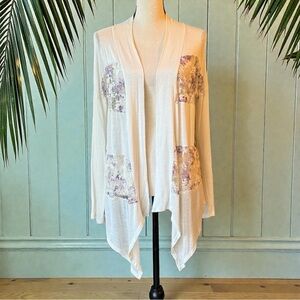 Wet Seal Cream Off White Lace Panel Open Front Cardigan – Draped Hem